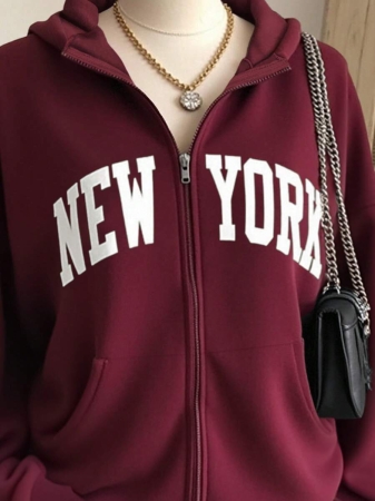 SHEIN Women's Autumn Letter Print Drop Shoulder Long Sleeve Zipper Front Pocket Casual Hoodie - Image 20