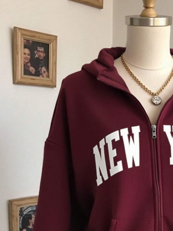 SHEIN Women's Autumn Letter Print Drop Shoulder Long Sleeve Zipper Front Pocket Casual Hoodie - Image 22