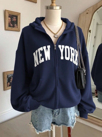 SHEIN Women's Autumn Letter Print Drop Shoulder Long Sleeve Zipper Front Pocket Casual Hoodie - Image 23