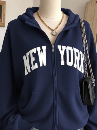 SHEIN Women's Autumn Letter Print Drop Shoulder Long Sleeve Zipper Front Pocket Casual Hoodie - Image 25