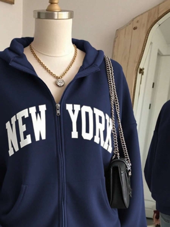 SHEIN Women's Autumn Letter Print Drop Shoulder Long Sleeve Zipper Front Pocket Casual Hoodie - Image 26