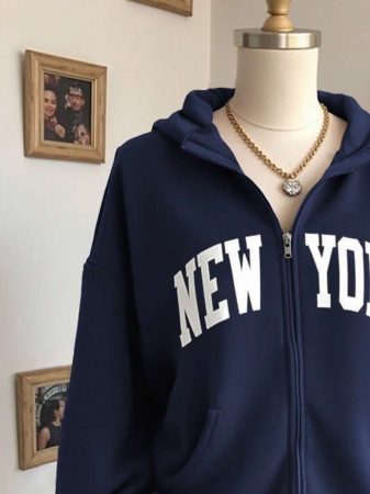 SHEIN Women's Autumn Letter Print Drop Shoulder Long Sleeve Zipper Front Pocket Casual Hoodie - Image 27