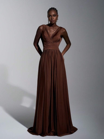 Elitara Elegant Luxurious Brown Elastic Knit Handmade Pleated Draped Neck Backless Draped Slit A-Line Maxi Formal Evening Gown - Image 3