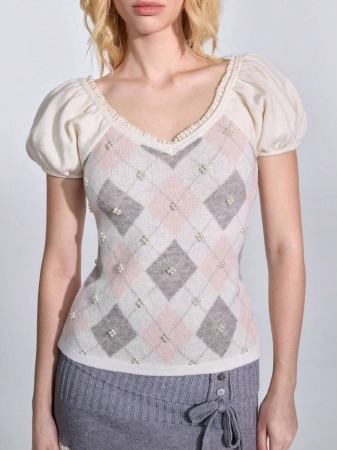 ROMWE Avant Y2K Aesthetic Diamond Pattern Cute Pearl Knit Tight Sweater For Women - Image 3