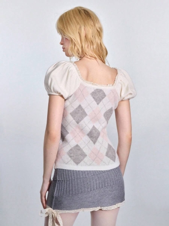 ROMWE Avant Y2K Aesthetic Diamond Pattern Cute Pearl Knit Tight Sweater For Women - Image 5