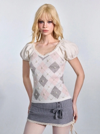 ROMWE Avant Y2K Aesthetic Diamond Pattern Cute Pearl Knit Tight Sweater For Women - Image 7