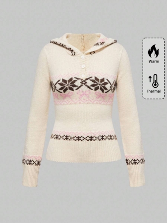 ROMWE Avant Vintage Y2K Fair Isle Bowknot Fitted Hooded Sweater For Women - Image 2