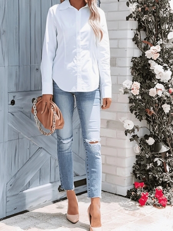 Elegant White Collar Blouse With Button Front Design And Regular Hem Perfect For Office - Image 4