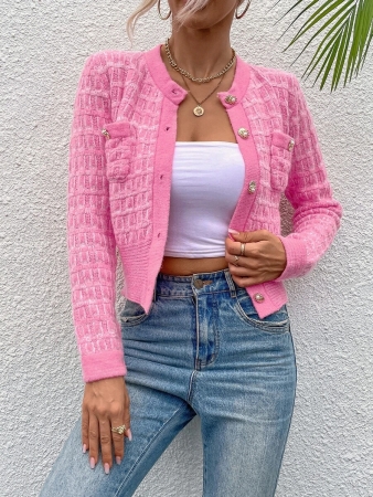 Women's Casual Button Front Cardigan With Pockets, Spring/Autumn, Gold Buttons, Regular Sleeve, Round Neck, Regular Fit, Solid Pink Color, Casual Daily Wear - Image 4