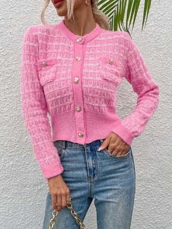 Women's Casual Button Front Cardigan With Pockets, Spring/Autumn, Gold Buttons, Regular Sleeve, Round Neck, Regular Fit, Solid Pink Color, Casual Daily Wear - Image 5