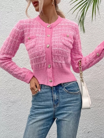 Women's Casual Button Front Cardigan With Pockets, Spring/Autumn, Gold Buttons, Regular Sleeve, Round Neck, Regular Fit, Solid Pink Color, Casual Daily Wear - Image 7