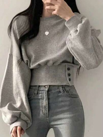 INAWLY Women's Solid Color Drop Shoulder Long Sleeve Waist Button Casual Sweatshirt, Autumn/Winter Graduation,Back To School,Graduation,Teacher For Women,Back To School Pullover Fall Sweatshirt