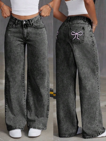 Women's Pocketed Embroidered Bow Distressed Straight Leg Jeans - Image 2