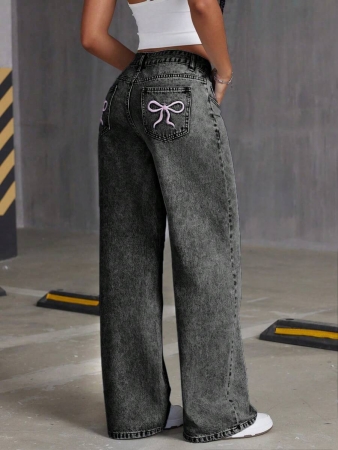 Women's Pocketed Embroidered Bow Distressed Straight Leg Jeans - Image 3