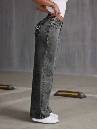 Women's Pocketed Embroidered Bow Distressed Straight Leg Jeans - Image 4