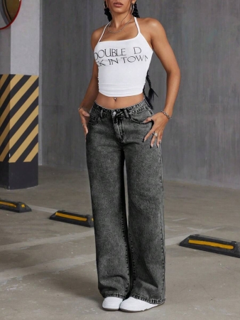 Women's Pocketed Embroidered Bow Distressed Straight Leg Jeans - Image 6