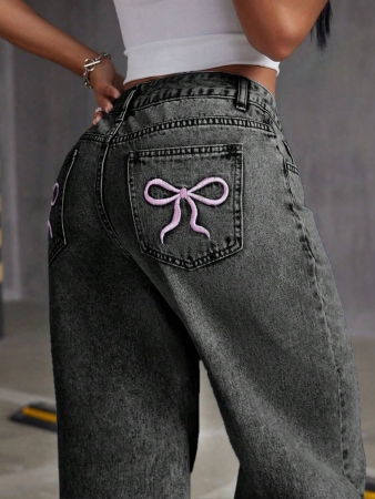 Women's Pocketed Embroidered Bow Distressed Straight Leg Jeans - Image 7