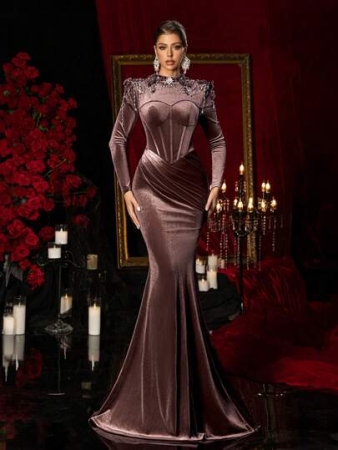 Glamrae Elegant Luxury Classic Square Shoulder Stand Collar Handcrafted Crystal Embroidery Herringbone Decor Design Ruched Hip Mermaid Hem Formal Gown, Business Attire, Guest Dress