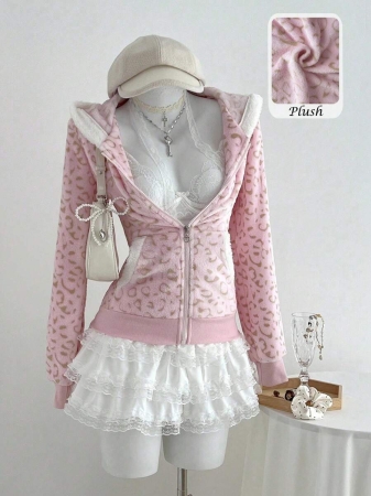 Elamini 1pc Black & White Casual Cute Contrast Color Flannel Thermal Lined Printed Leopard Heart Zip-Up Soft Sweatshirt Jacket For Women, Back To School Season - Image 6