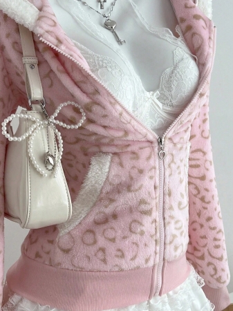 Elamini 1pc Black & White Casual Cute Contrast Color Flannel Thermal Lined Printed Leopard Heart Zip-Up Soft Sweatshirt Jacket For Women, Back To School Season - Image 8