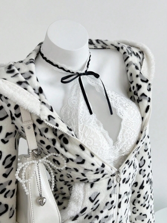 Elamini 1pc Black & White Casual Cute Contrast Color Flannel Thermal Lined Printed Leopard Heart Zip-Up Soft Sweatshirt Jacket For Women, Back To School Season - Image 14