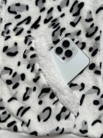 Elamini 1pc Black & White Casual Cute Contrast Color Flannel Thermal Lined Printed Leopard Heart Zip-Up Soft Sweatshirt Jacket For Women, Back To School Season - Image 16