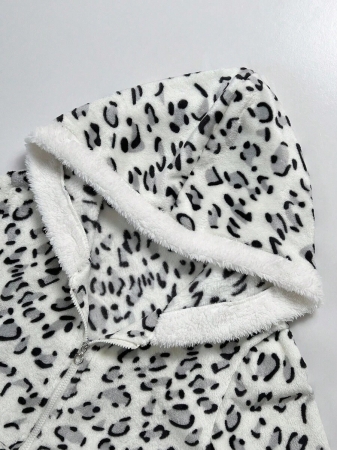 Elamini 1pc Black & White Casual Cute Contrast Color Flannel Thermal Lined Printed Leopard Heart Zip-Up Soft Sweatshirt Jacket For Women, Back To School Season - Image 17