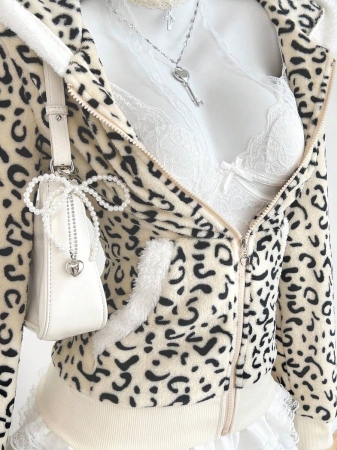 Elamini 1pc Black & White Casual Cute Contrast Color Flannel Thermal Lined Printed Leopard Heart Zip-Up Soft Sweatshirt Jacket For Women, Back To School Season - Image 24