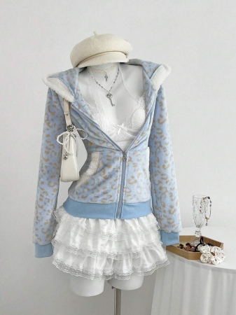 Elamini 1pc Black & White Casual Cute Contrast Color Flannel Thermal Lined Printed Leopard Heart Zip-Up Soft Sweatshirt Jacket For Women, Back To School Season - Image 30