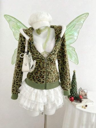 Elamini 1pc Black & White Casual Cute Contrast Color Flannel Thermal Lined Printed Leopard Heart Zip-Up Soft Sweatshirt Jacket For Women, Back To School Season - Image 33