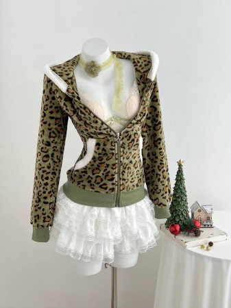 Elamini 1pc Black & White Casual Cute Contrast Color Flannel Thermal Lined Printed Leopard Heart Zip-Up Soft Sweatshirt Jacket For Women, Back To School Season - Image 35