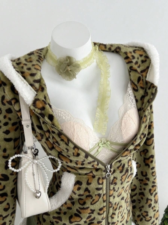 Elamini 1pc Black & White Casual Cute Contrast Color Flannel Thermal Lined Printed Leopard Heart Zip-Up Soft Sweatshirt Jacket For Women, Back To School Season - Image 36