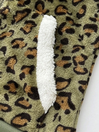 Elamini 1pc Black & White Casual Cute Contrast Color Flannel Thermal Lined Printed Leopard Heart Zip-Up Soft Sweatshirt Jacket For Women, Back To School Season - Image 39