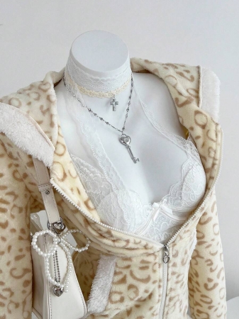 Elamini 1pc Black & White Casual Cute Contrast Color Flannel Thermal Lined Printed Leopard Heart Zip-Up Soft Sweatshirt Jacket For Women, Back To School Season - Image 41