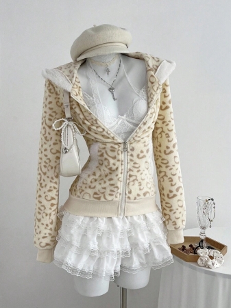 Elamini 1pc Black & White Casual Cute Contrast Color Flannel Thermal Lined Printed Leopard Heart Zip-Up Soft Sweatshirt Jacket For Women, Back To School Season - Image 43