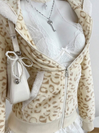 Elamini 1pc Black & White Casual Cute Contrast Color Flannel Thermal Lined Printed Leopard Heart Zip-Up Soft Sweatshirt Jacket For Women, Back To School Season - Image 45