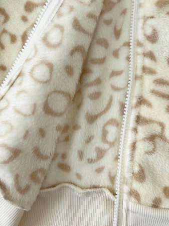 Elamini 1pc Black & White Casual Cute Contrast Color Flannel Thermal Lined Printed Leopard Heart Zip-Up Soft Sweatshirt Jacket For Women, Back To School Season - Image 49