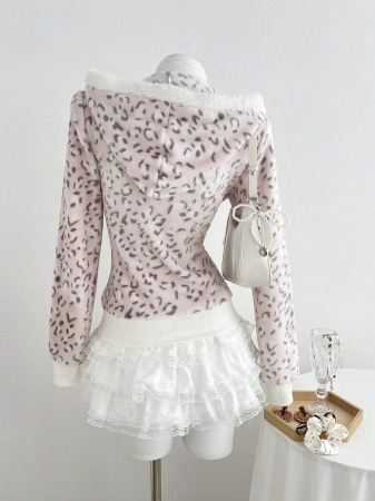 Elamini 1pc Black & White Casual Cute Contrast Color Flannel Thermal Lined Printed Leopard Heart Zip-Up Soft Sweatshirt Jacket For Women, Back To School Season - Image 51