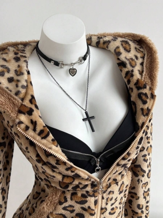 Elamini 1pc Black & White Casual Cute Contrast Color Flannel Thermal Lined Printed Leopard Heart Zip-Up Soft Sweatshirt Jacket For Women, Back To School Season - Image 60