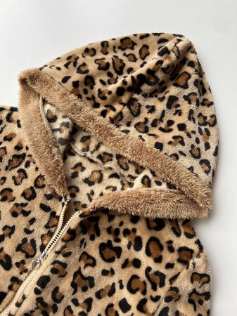 Elamini 1pc Black & White Casual Cute Contrast Color Flannel Thermal Lined Printed Leopard Heart Zip-Up Soft Sweatshirt Jacket For Women, Back To School Season - Image 62