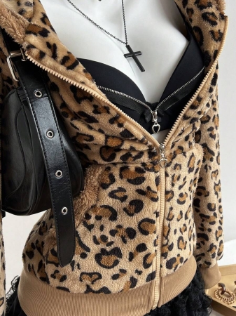 Elamini 1pc Black & White Casual Cute Contrast Color Flannel Thermal Lined Printed Leopard Heart Zip-Up Soft Sweatshirt Jacket For Women, Back To School Season - Image 65