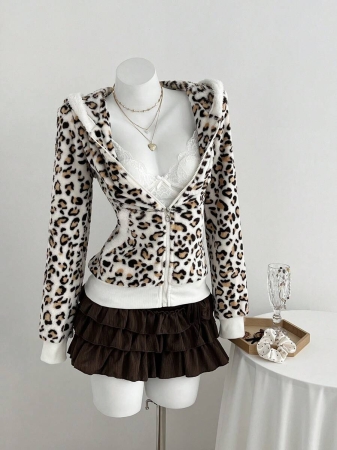 Elamini 1pc Black & White Casual Cute Contrast Color Flannel Thermal Lined Printed Leopard Heart Zip-Up Soft Sweatshirt Jacket For Women, Back To School Season - Image 70