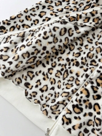 Elamini 1pc Black & White Casual Cute Contrast Color Flannel Thermal Lined Printed Leopard Heart Zip-Up Soft Sweatshirt Jacket For Women, Back To School Season - Image 74