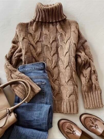 Autumn And Winter Elegant Fashion Casual Comfortable Brown Twisted Rope Sisal Pattern Textured High Neck Long Sleeve Sweater Knitted Pullover,Fall Clothes For Women, Winter Clothes For Women,Fall Tops,Work/Office, Business Casual Woman