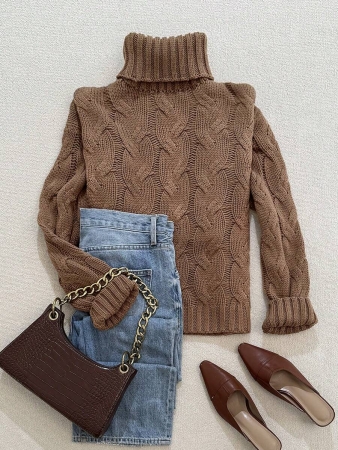 Autumn And Winter Elegant Fashion Casual Comfortable Brown Twisted Rope Sisal Pattern Textured High Neck Long Sleeve Sweater Knitted Pullover,Fall Clothes For Women, Winter Clothes For Women,Fall Tops,Work/Office, Business Casual Woman - Image 4