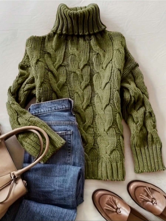 Autumn And Winter Elegant Fashion Casual Comfortable Brown Twisted Rope Sisal Pattern Textured High Neck Long Sleeve Sweater Knitted Pullover,Fall Clothes For Women, Winter Clothes For Women,Fall Tops,Work/Office, Business Casual Woman - Image 8