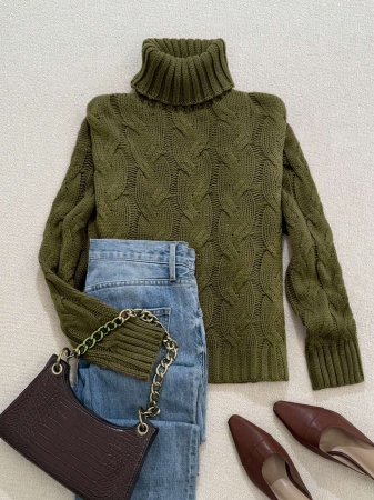 Autumn And Winter Elegant Fashion Casual Comfortable Brown Twisted Rope Sisal Pattern Textured High Neck Long Sleeve Sweater Knitted Pullover,Fall Clothes For Women, Winter Clothes For Women,Fall Tops,Work/Office, Business Casual Woman - Image 9