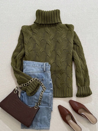 Autumn And Winter Elegant Fashion Casual Comfortable Brown Twisted Rope Sisal Pattern Textured High Neck Long Sleeve Sweater Knitted Pullover,Fall Clothes For Women, Winter Clothes For Women,Fall Tops,Work/Office, Business Casual Woman - Image 10