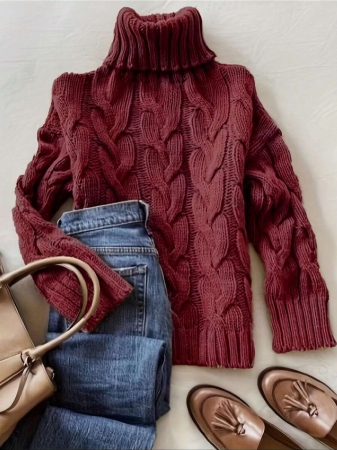 Autumn And Winter Elegant Fashion Casual Comfortable Brown Twisted Rope Sisal Pattern Textured High Neck Long Sleeve Sweater Knitted Pullover,Fall Clothes For Women, Winter Clothes For Women,Fall Tops,Work/Office, Business Casual Woman - Image 14