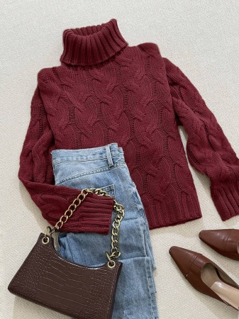Autumn And Winter Elegant Fashion Casual Comfortable Brown Twisted Rope Sisal Pattern Textured High Neck Long Sleeve Sweater Knitted Pullover,Fall Clothes For Women, Winter Clothes For Women,Fall Tops,Work/Office, Business Casual Woman - Image 18